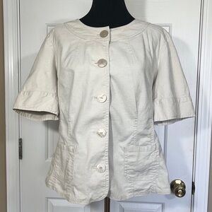 J. Jill Sand Beige Linen Cotton Blend Collarless Button Up Blazer Top Size 14